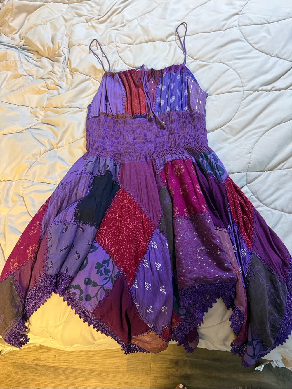 Boho Patchwork Purple Sundress with Spaghetti Straps